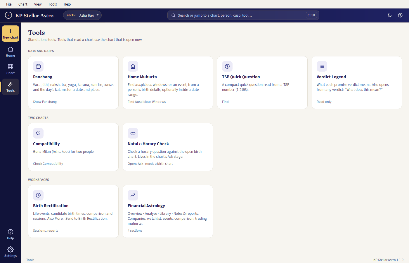 Tools page with Panchang, Muhurta, Compatibility, Rectification and Financial Astrology